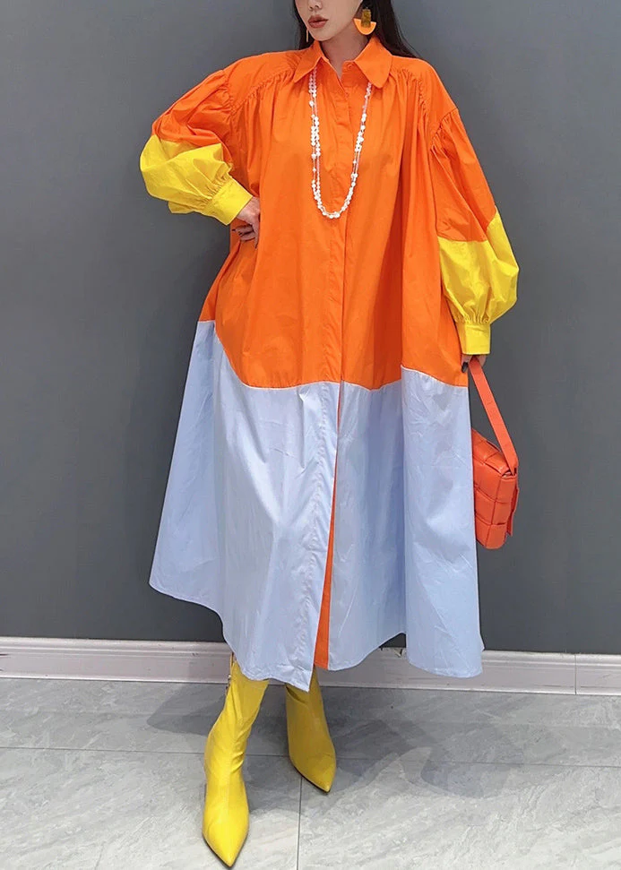 Orange Patchwork Cotton Vacation Dresses Oversized Fall - Image 2