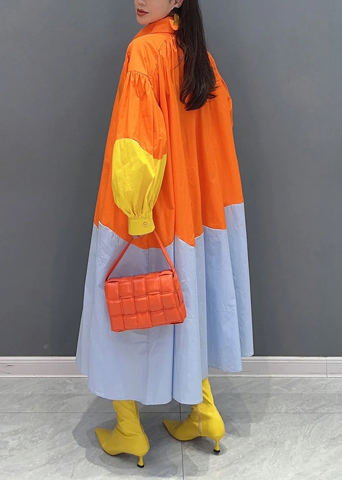 Orange Patchwork Cotton Vacation Dresses Oversized Fall - Image 3