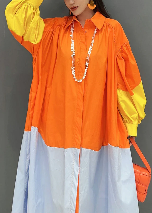 Orange Patchwork Cotton Vacation Dresses Oversized Fall - Image 4