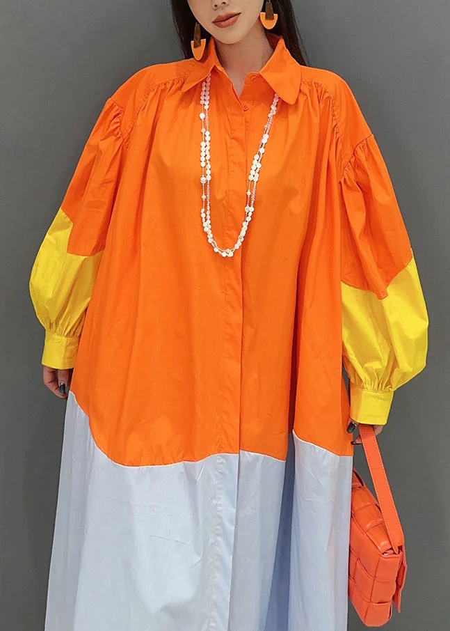 Orange Patchwork Cotton Vacation Dresses Oversized Fall - Image 5
