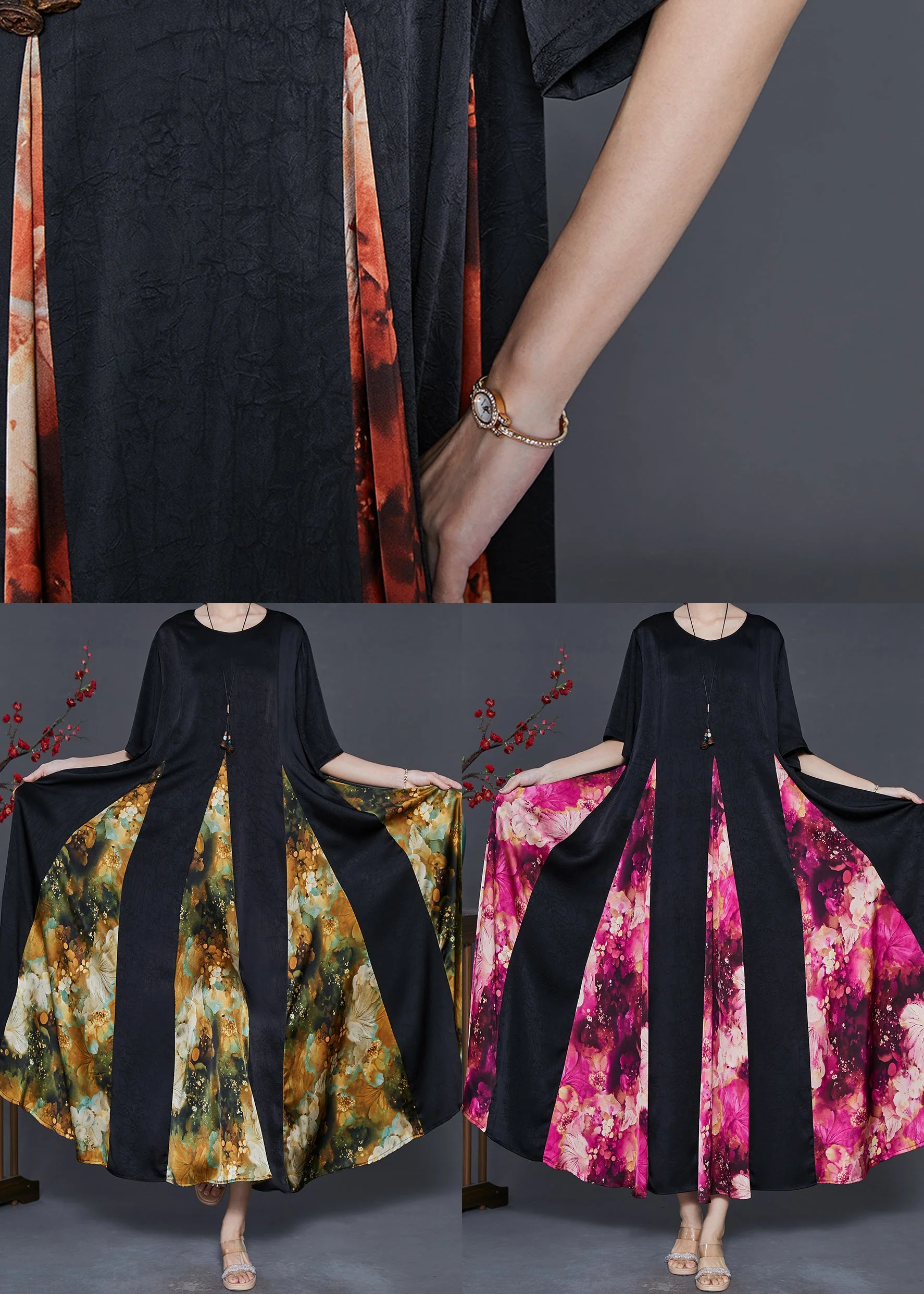 Orange Patchwork Silk Ankle Dress Exra Large Hem Summer - Image 5