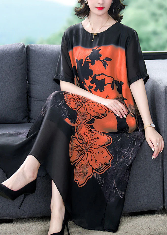 Orange Patchwork Silk Dresses O Neck Asymmetrical Design Summer - Image 2