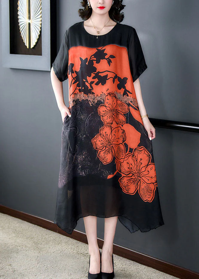 Orange Patchwork Silk Dresses O Neck Asymmetrical Design Summer - Image 3