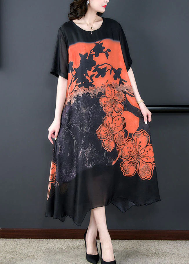 Orange Patchwork Silk Dresses O Neck Asymmetrical Design Summer - Image 4