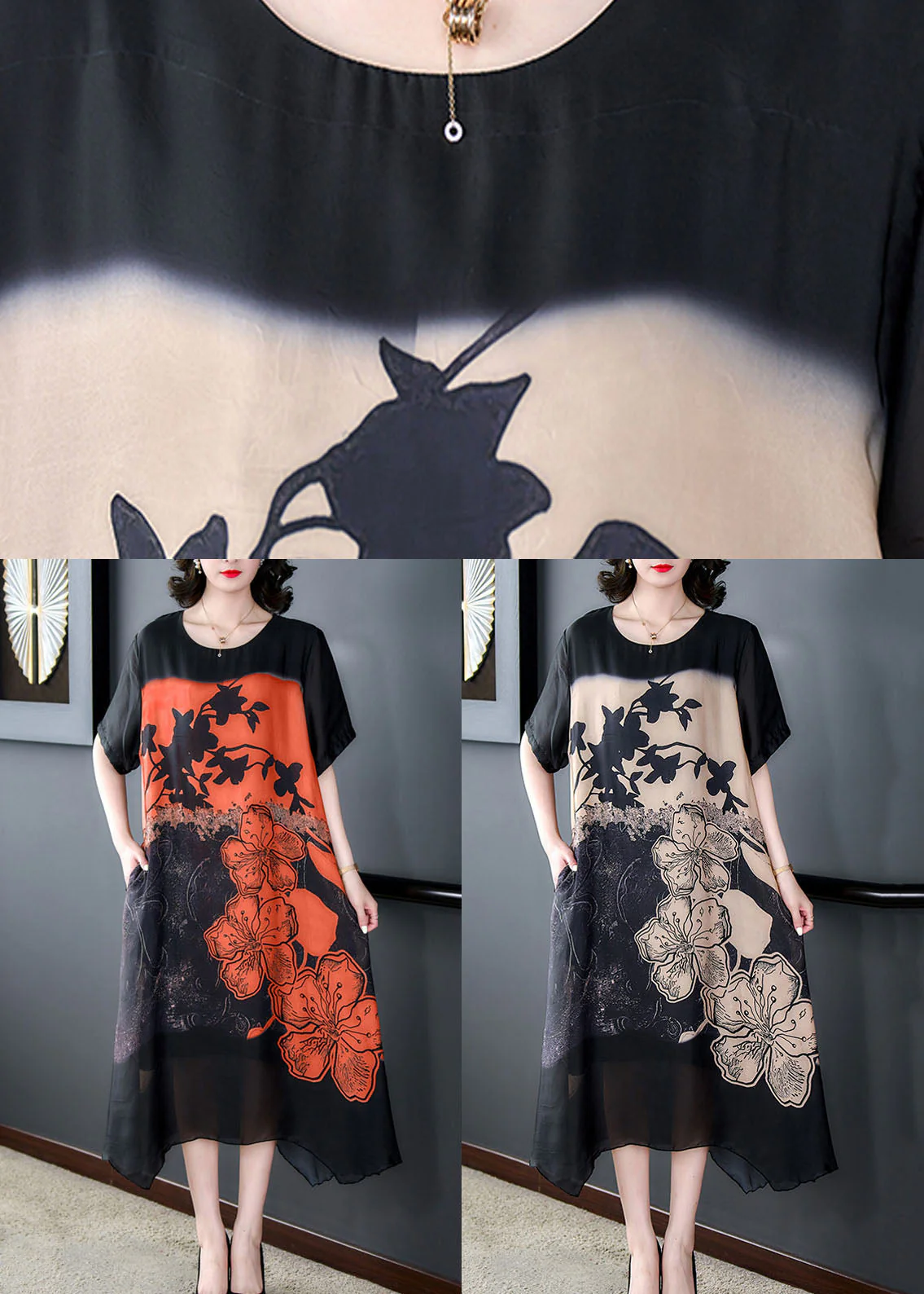 Orange Patchwork Silk Dresses O Neck Asymmetrical Design Summer - Image 5