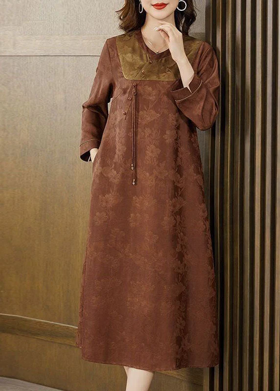 Orange Patchwork Silk Long Dress Tassel Jacquard Fall - Image 3