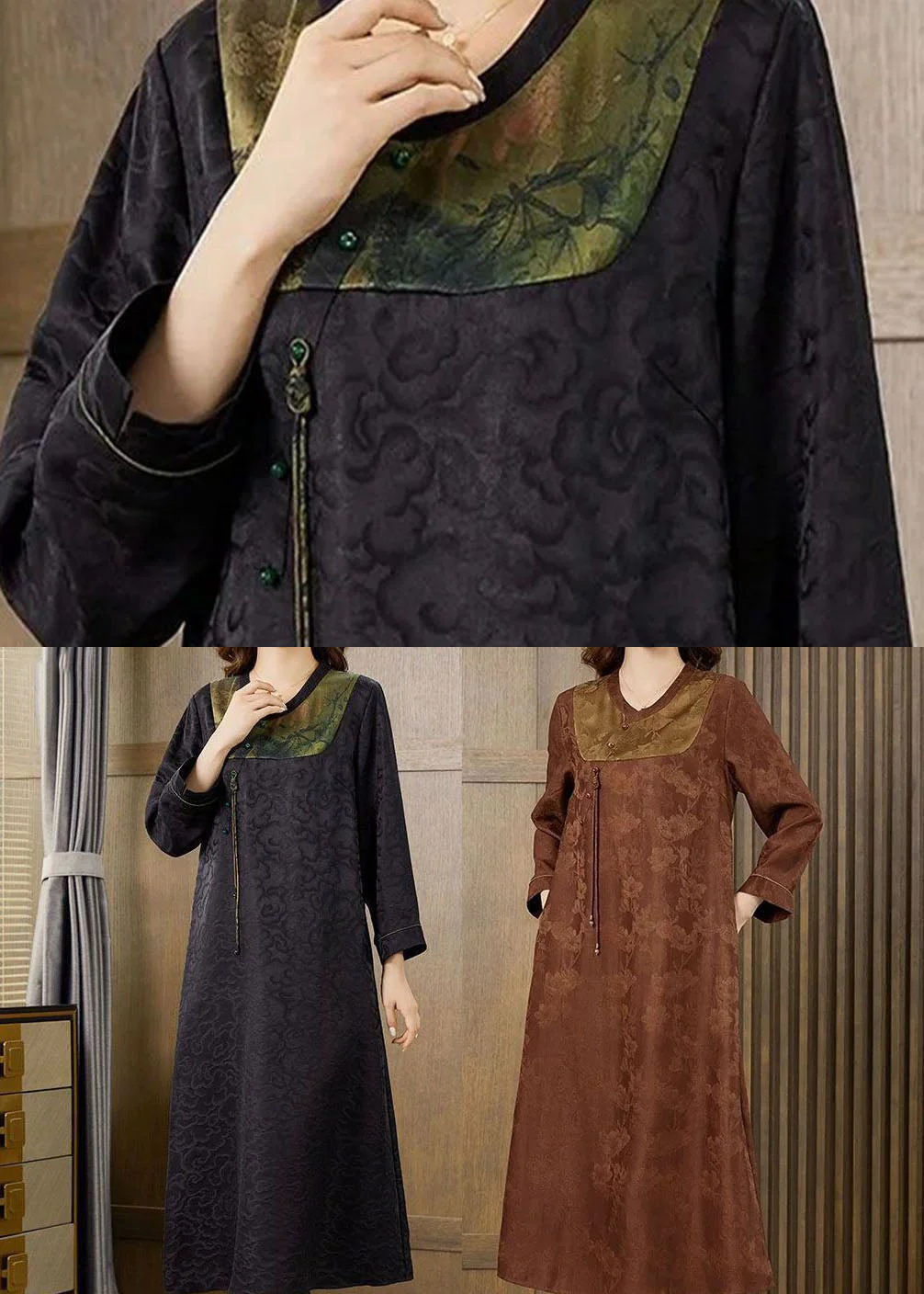 Orange Patchwork Silk Long Dress Tassel Jacquard Fall - Image 4