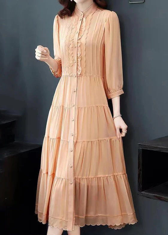Orange Patchwork Silk Long Dresses Ruffled Stand Collar Button Fall - Image 3