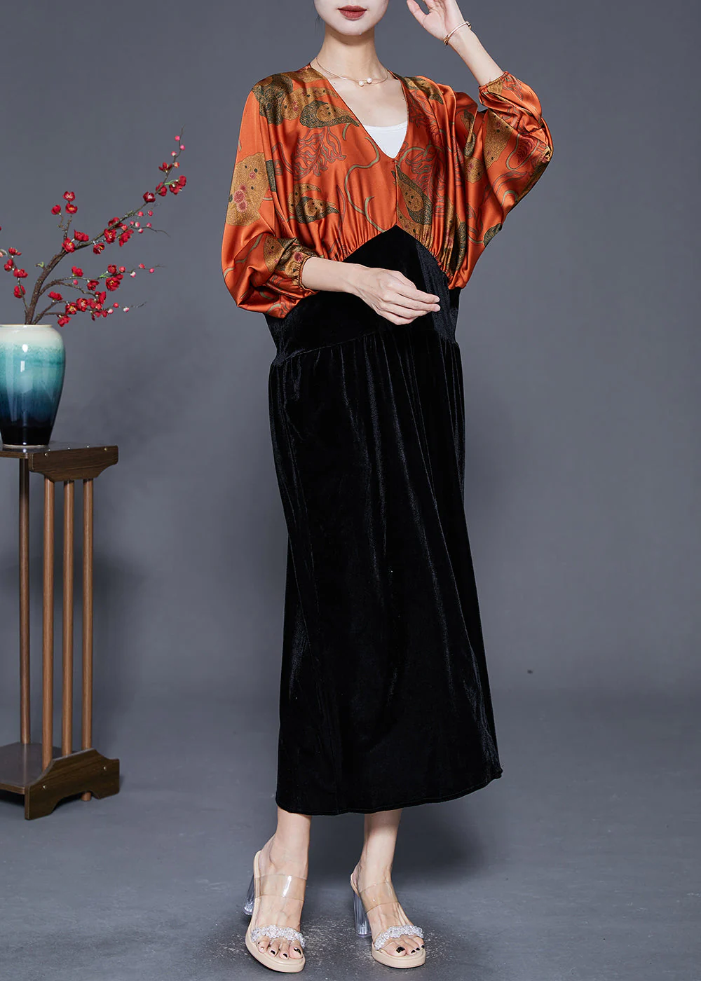 Orange Patchwork Silk Velour Dress Cinched Batwing Sleeve - Image 2
