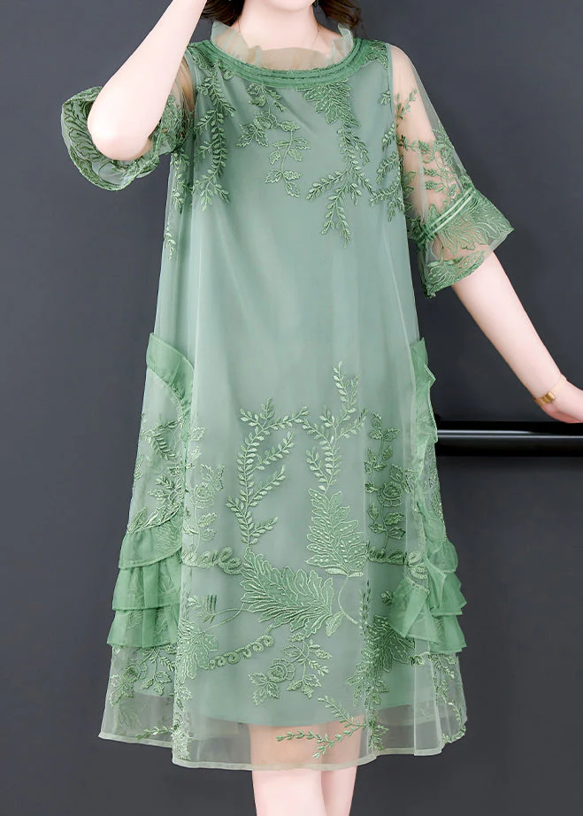 Orange Patchwork Tulle Mid Dress Embroideried Ruffled Summer - Image 3