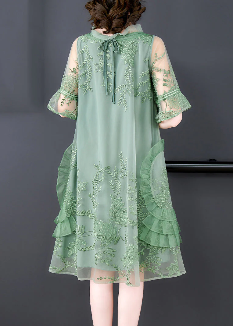 Orange Patchwork Tulle Mid Dress Embroideried Ruffled Summer - Image 4