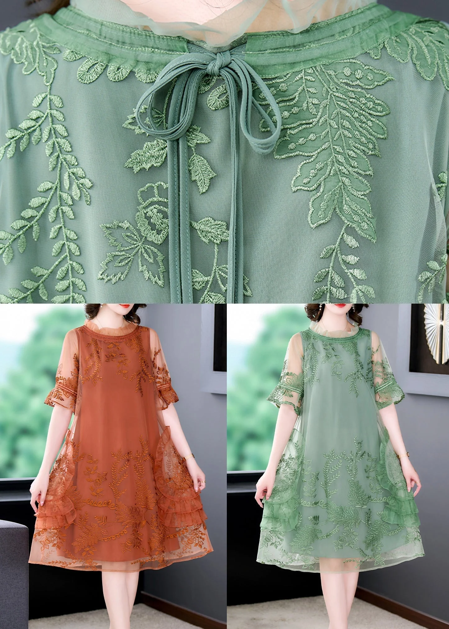 Orange Patchwork Tulle Mid Dress Embroideried Ruffled Summer - Image 5