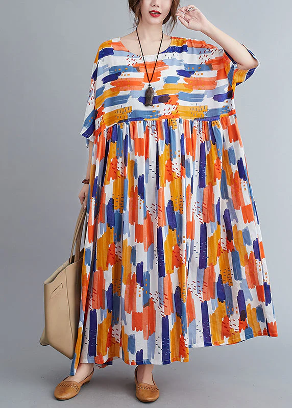 Orange Patchwork Wrinkled Maxi Dress Half Sleeve - Image 3