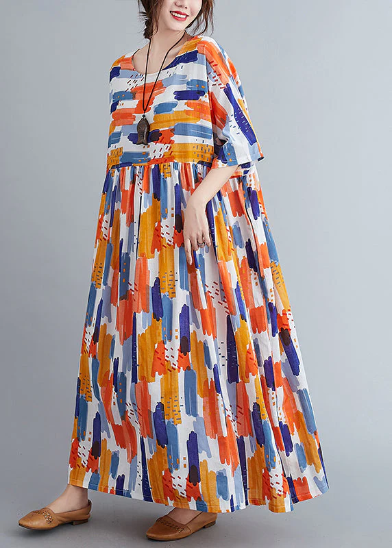 Orange Patchwork Wrinkled Maxi Dress Half Sleeve - Image 4