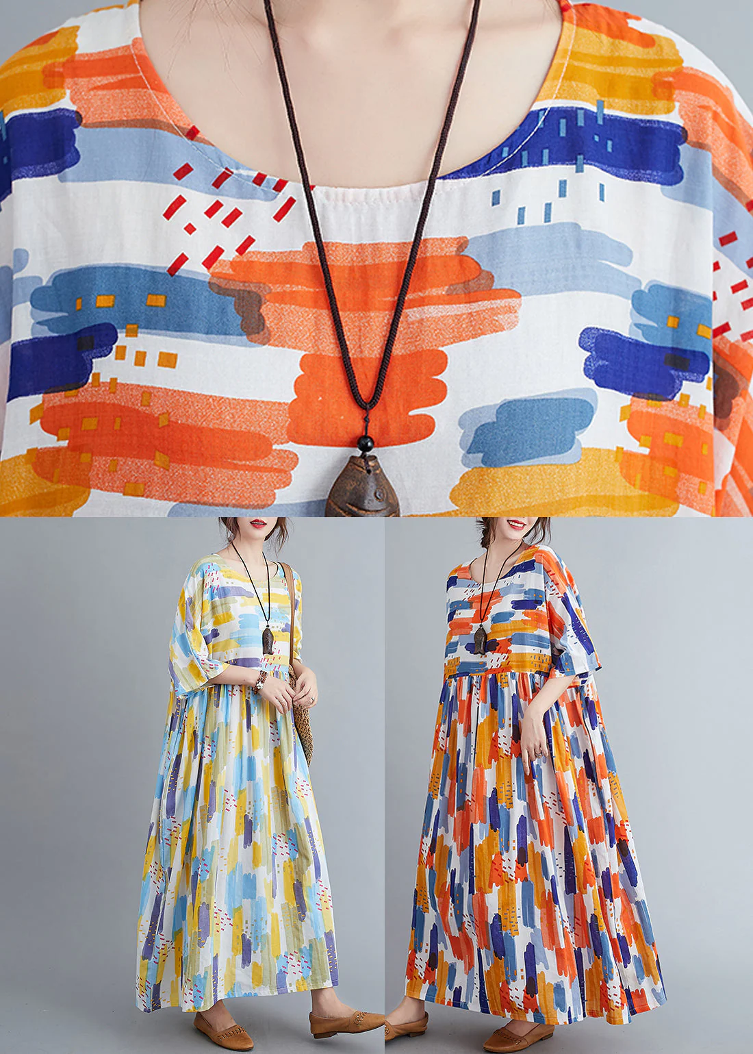 Orange Patchwork Wrinkled Maxi Dress Half Sleeve - Image 5