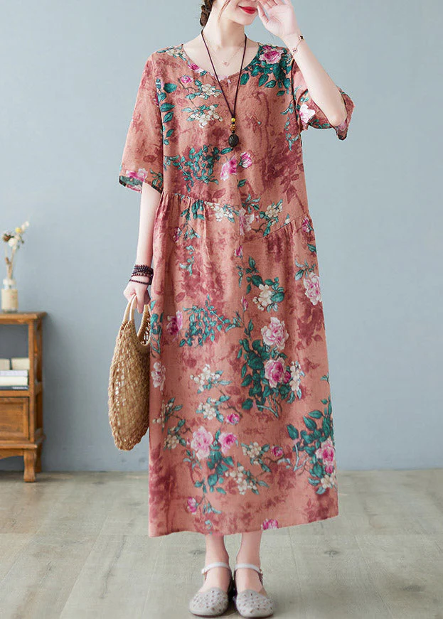 Orange Patchwork Wrinkled Party Long Dress Short Sleeve - Image 3