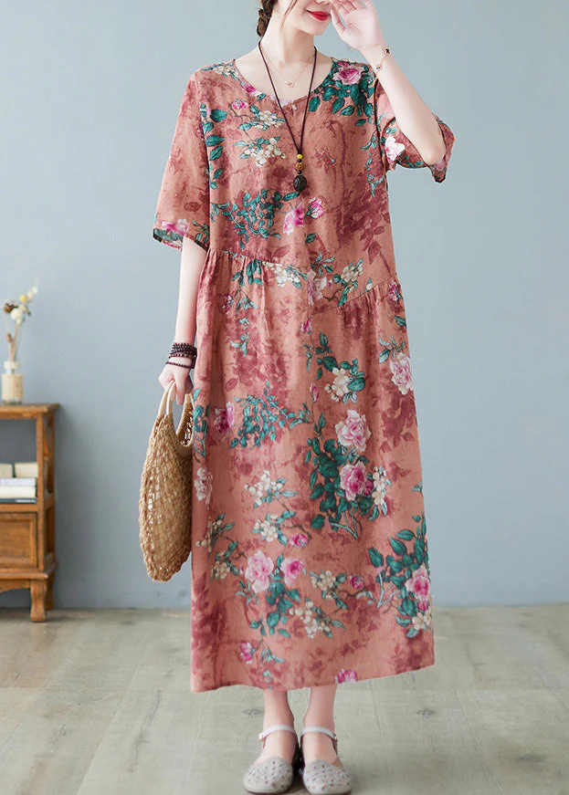 Orange Patchwork Wrinkled Vacation Long Dresses Half Sleeve - Image 3