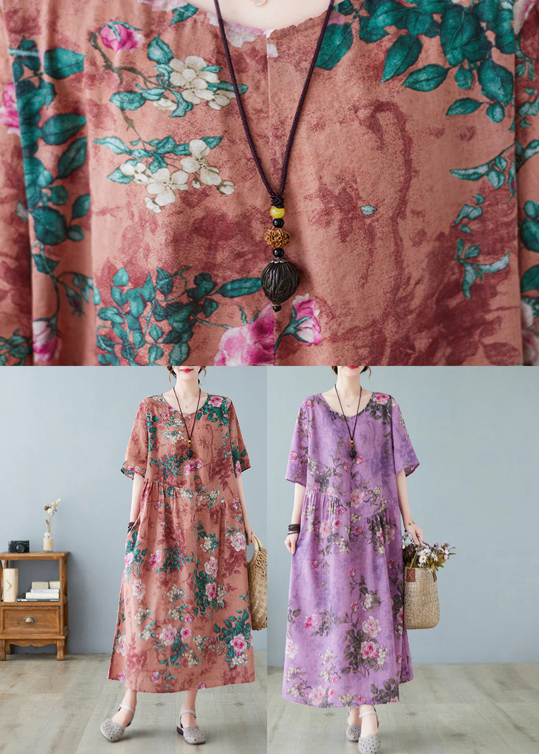 Orange Patchwork Wrinkled Vacation Long Dresses Half Sleeve - Image 4