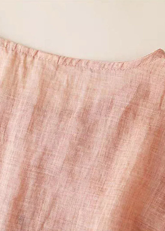 Pink Summer Cotton Dress Side Open Drawstring Short Sleeve - Image 3