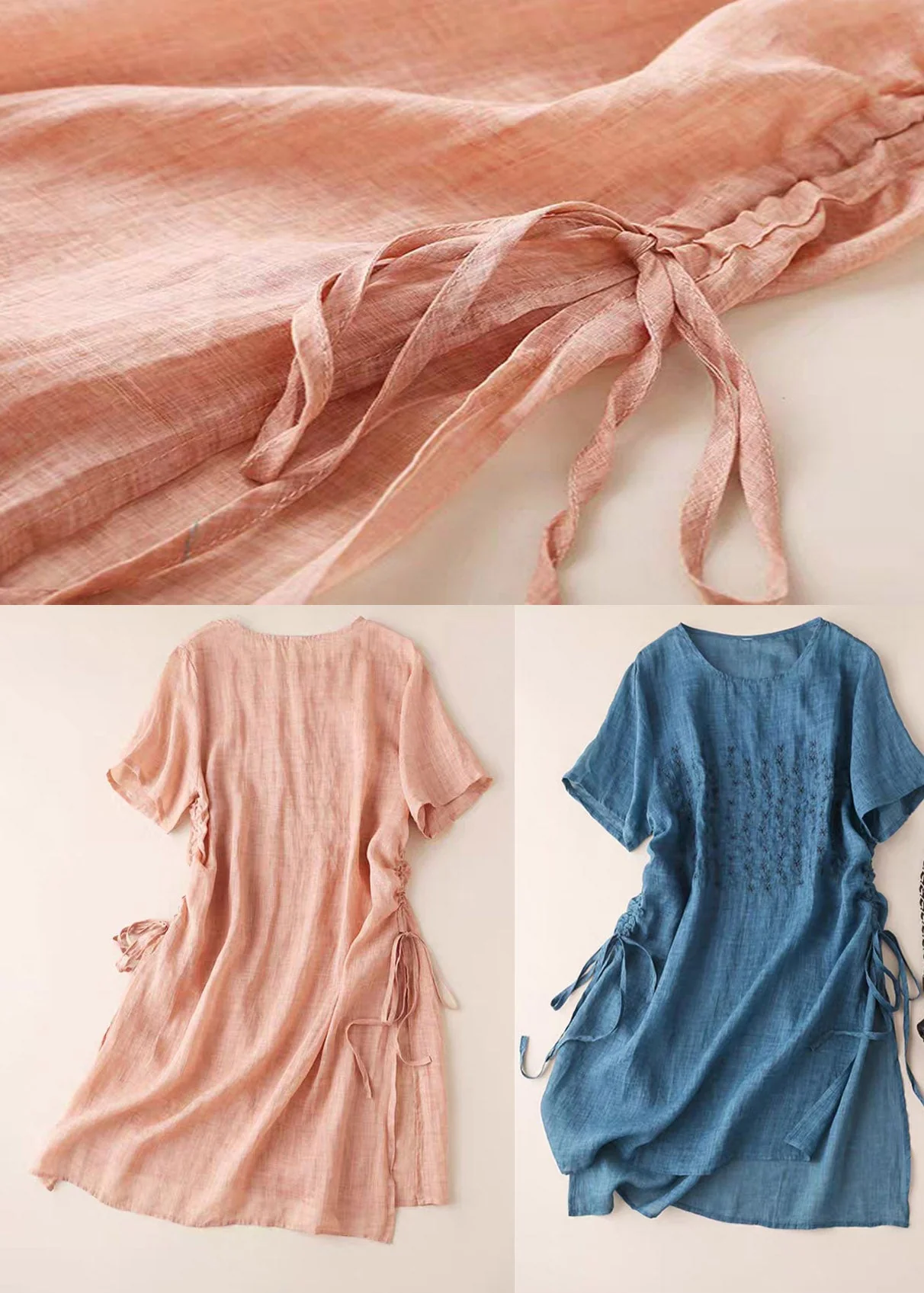 Pink Summer Cotton Dress Side Open Drawstring Short Sleeve - Image 5