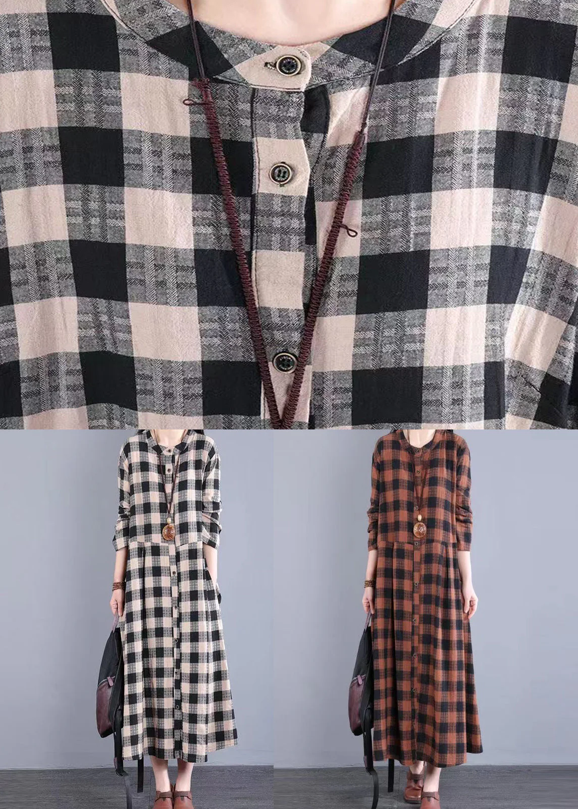Orange Plaid Patchwork Cotton Dress Stand Collar Pockets Fall - Image 5