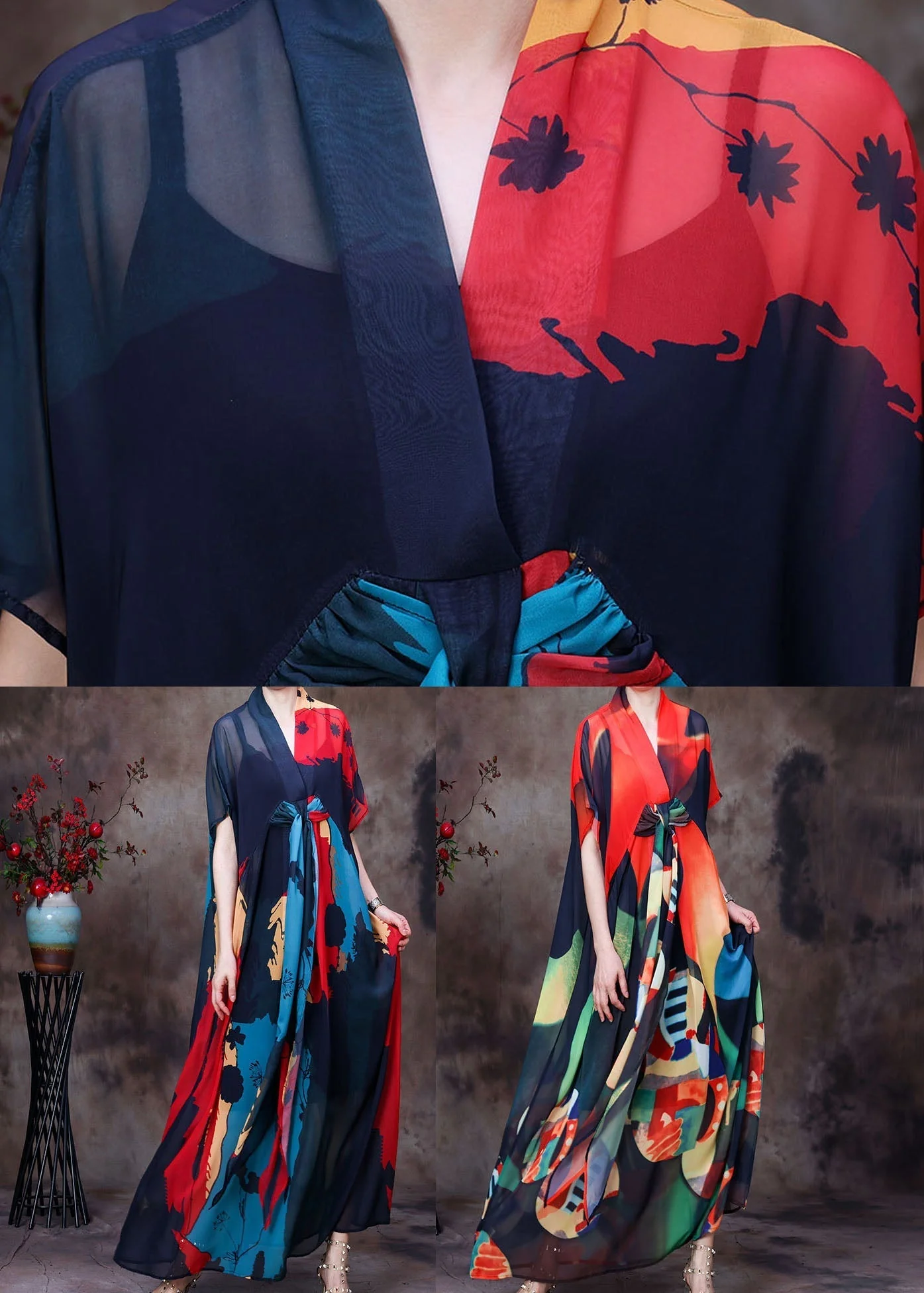 Orange Print Chiffon Maxi Dresses Asymmetrical Exra Large Hem Short Sleeve - Image 5