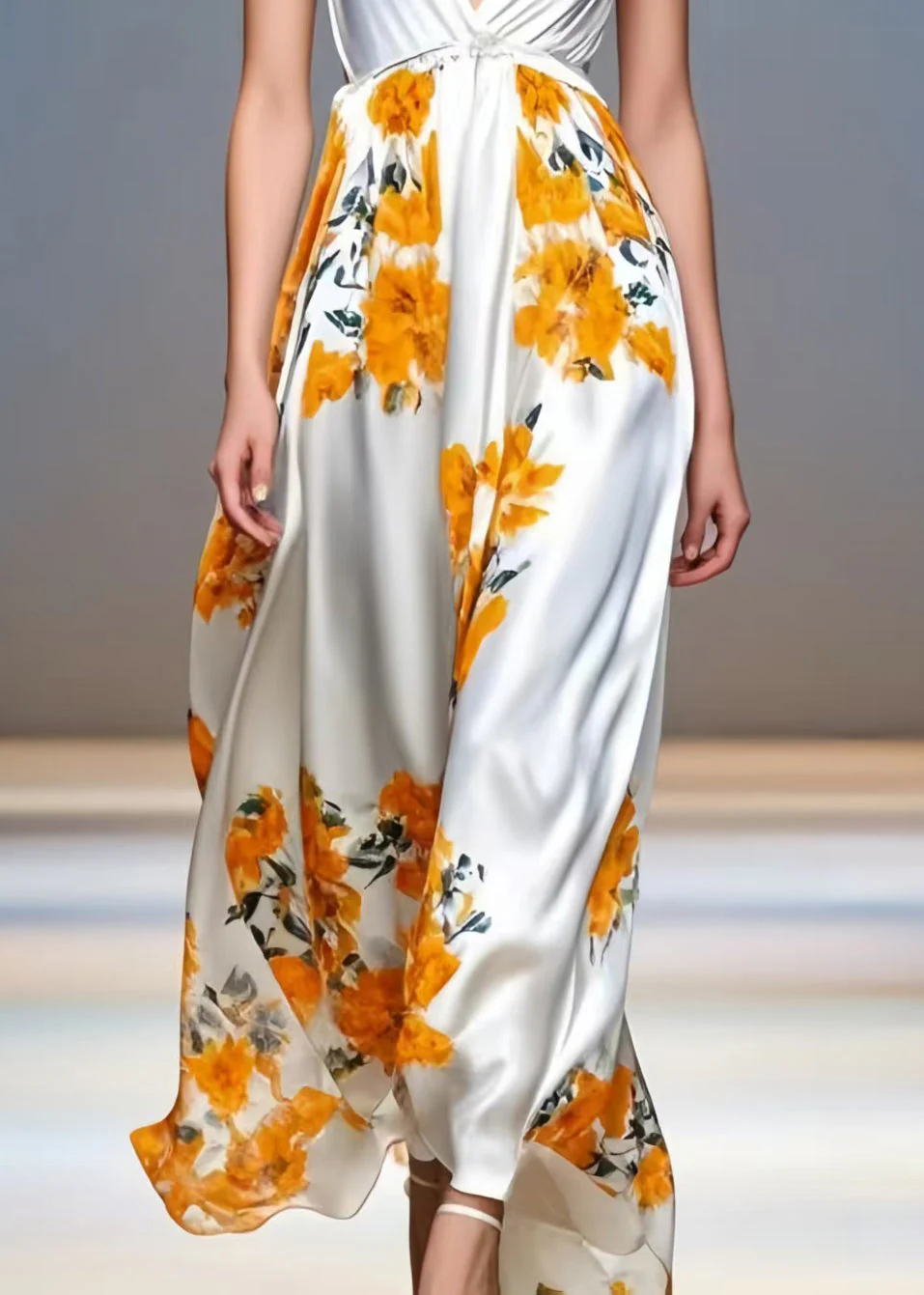 Orange Print Draping Silk Sundresses Deep-V Neck Sleeveless - Image 4