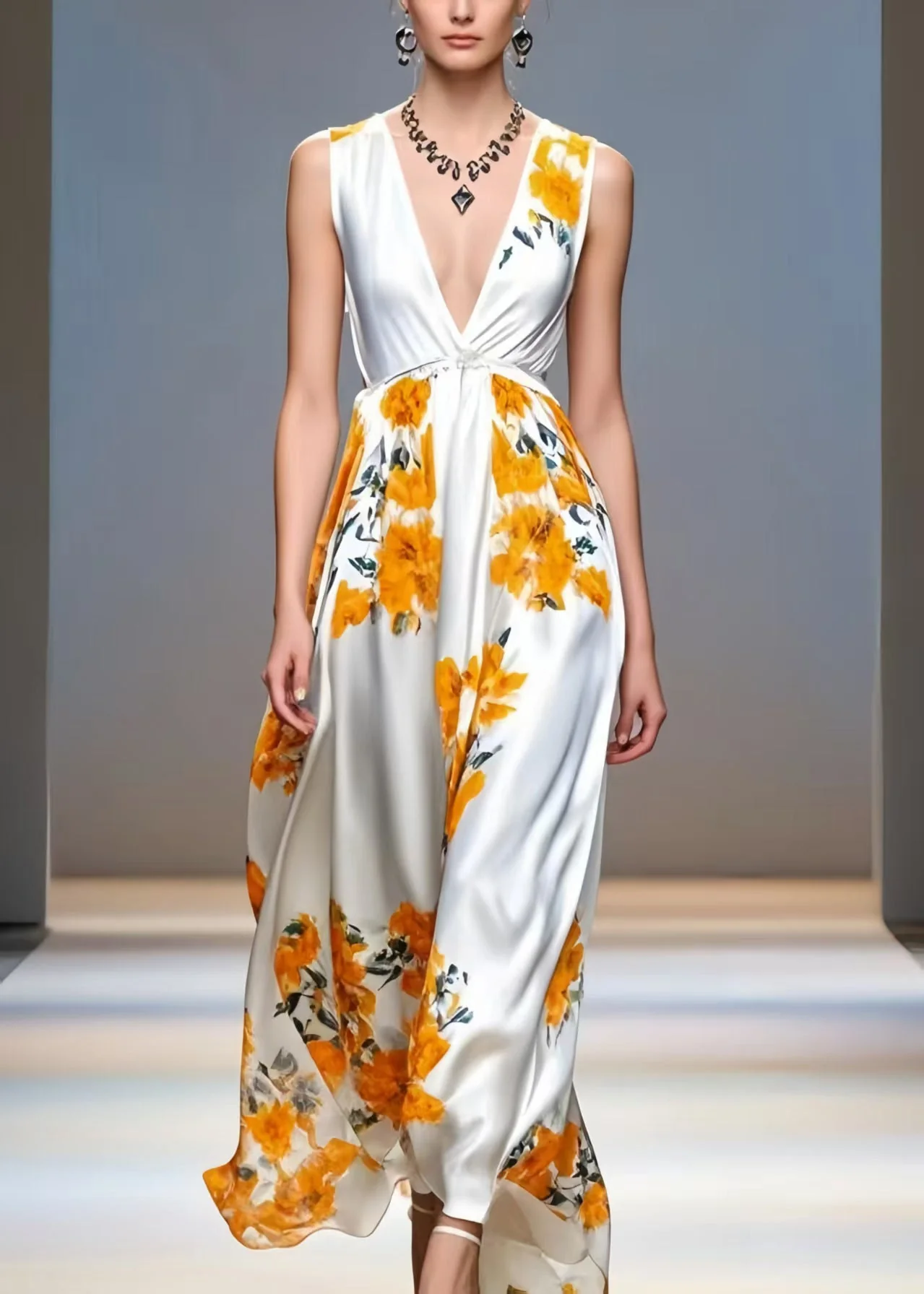 Orange Print Draping Silk Sundresses Deep-V Neck Sleeveless - Image 5