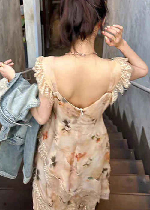 Orange Print Lace Patchwork Cotton Long Dress V Neck Summer - Image 4
