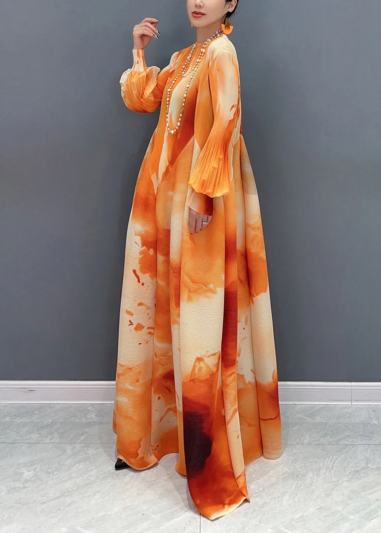 Orange Print Patchwork Chiffon Long Maxi Dress Puff Sleeve - Image 3