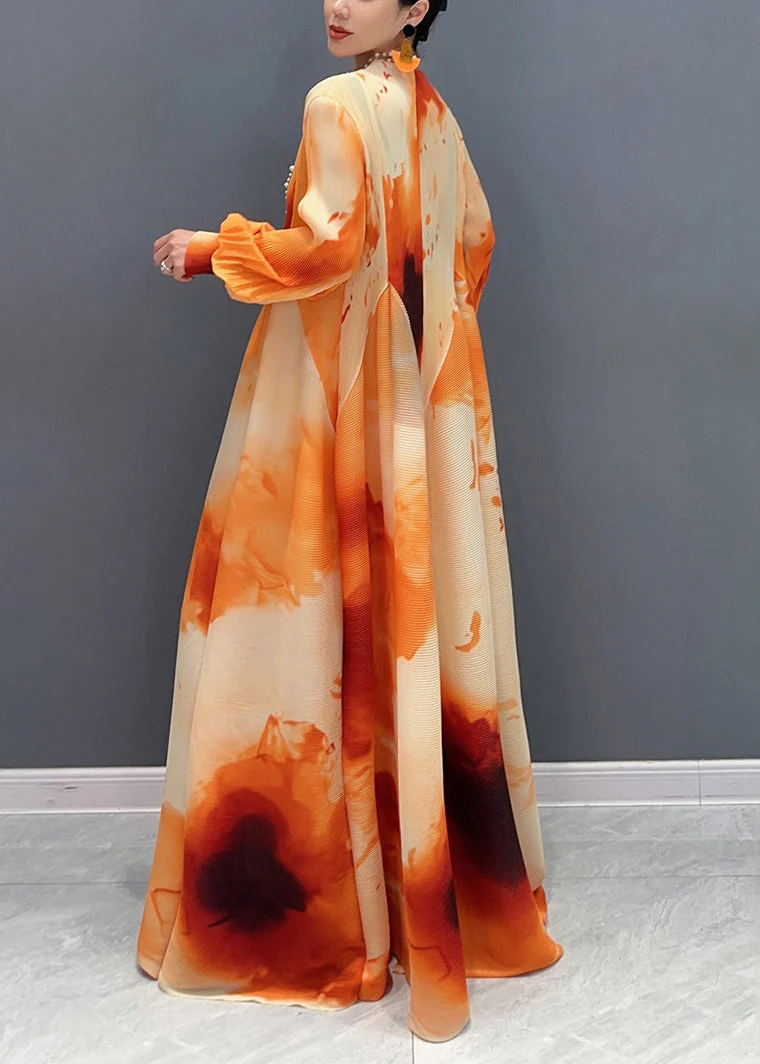 Orange Print Patchwork Chiffon Long Maxi Dress Puff Sleeve - Image 4