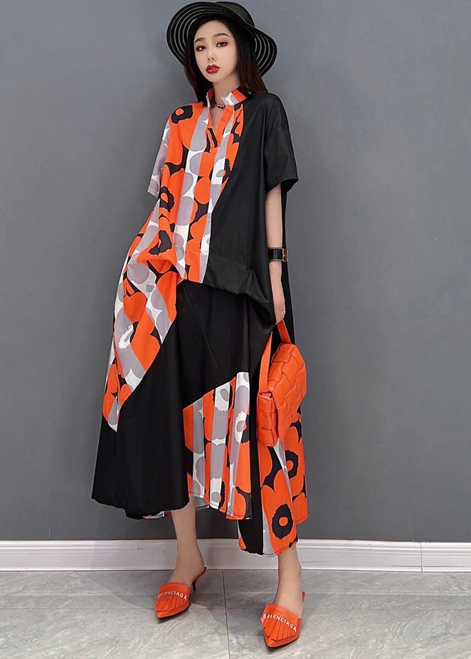 Orange Print Patchwork Oversized Dresses Stand Collar Short Sleeve - Image 2
