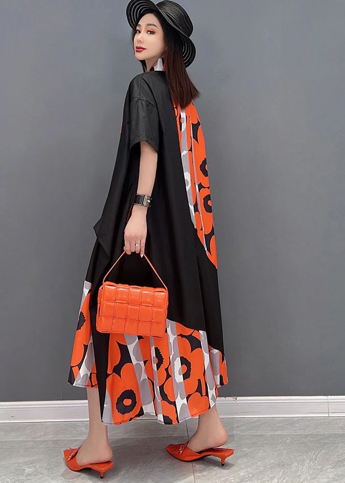 Orange Print Patchwork Oversized Dresses Stand Collar Short Sleeve - Image 3