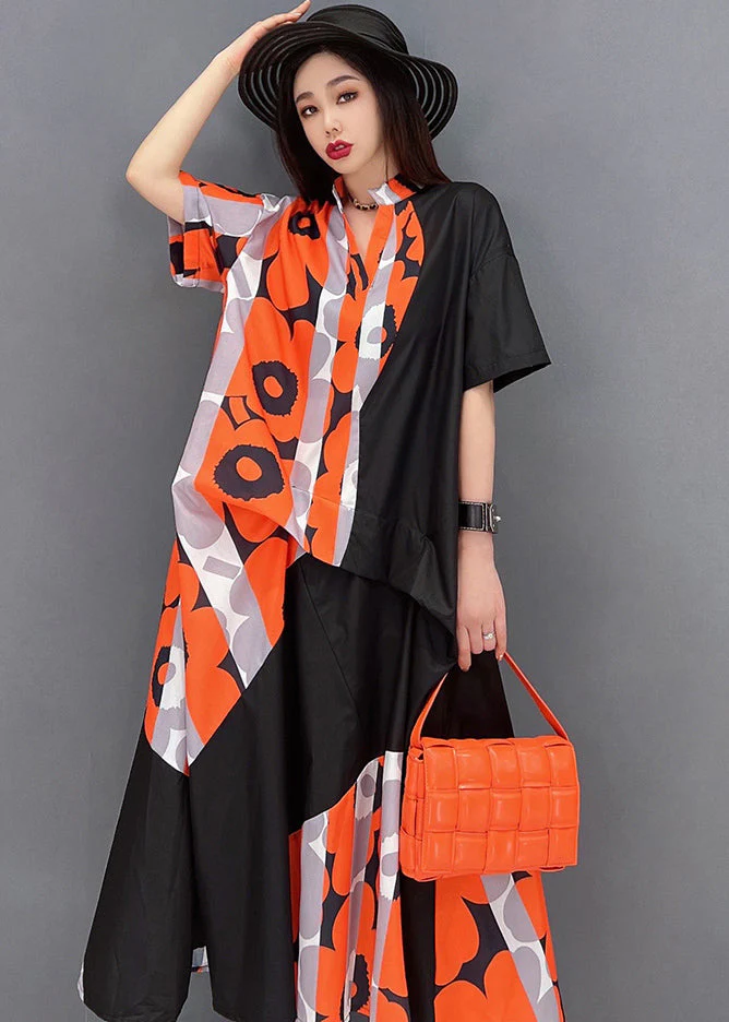 Orange Print Patchwork Oversized Dresses Stand Collar Short Sleeve - Image 4