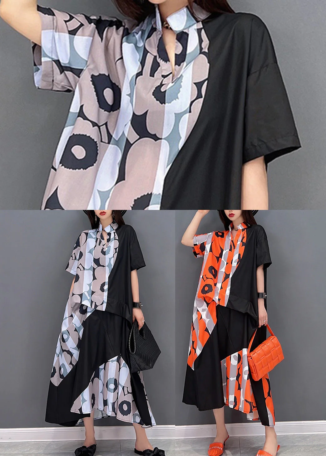 Orange Print Patchwork Oversized Dresses Stand Collar Short Sleeve - Image 5