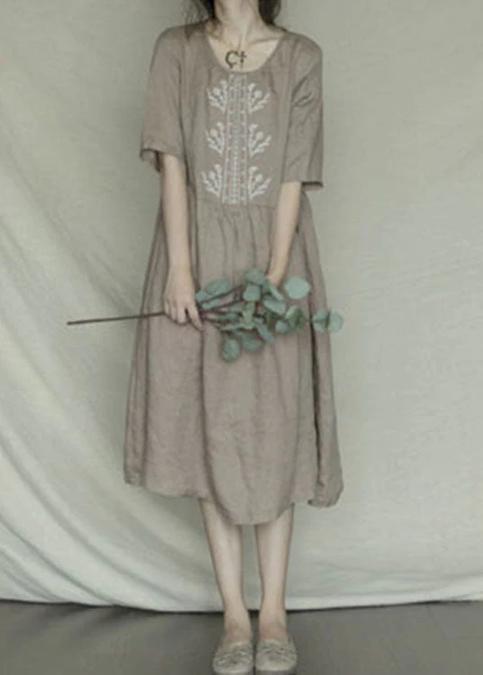 Orange Red O-Neck Patchwork Linen Long Dress Short Sleeve - Image 2