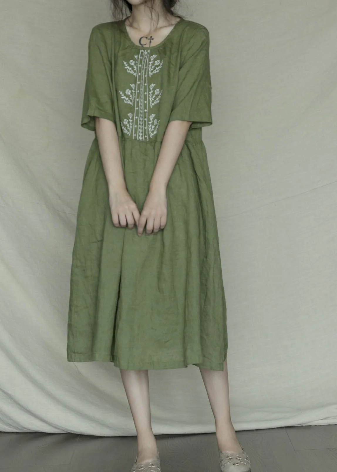 Orange Red O-Neck Patchwork Linen Long Dress Short Sleeve - Image 3