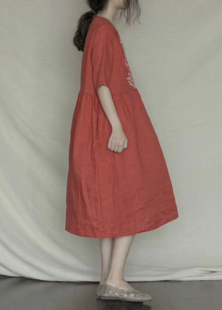 Orange Red O-Neck Patchwork Linen Long Dress Short Sleeve - Image 4