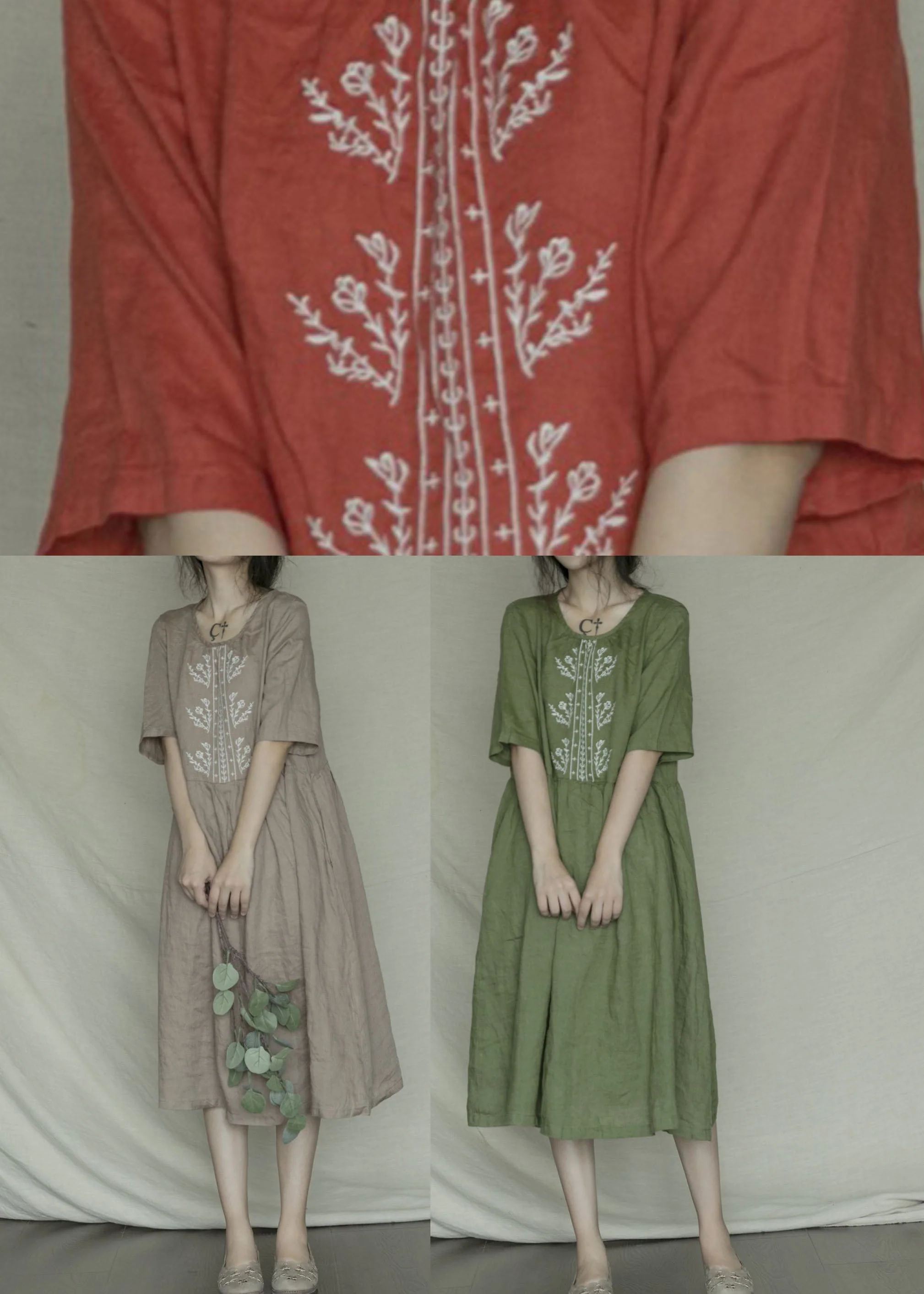 Orange Red O-Neck Patchwork Linen Long Dress Short Sleeve - Image 5