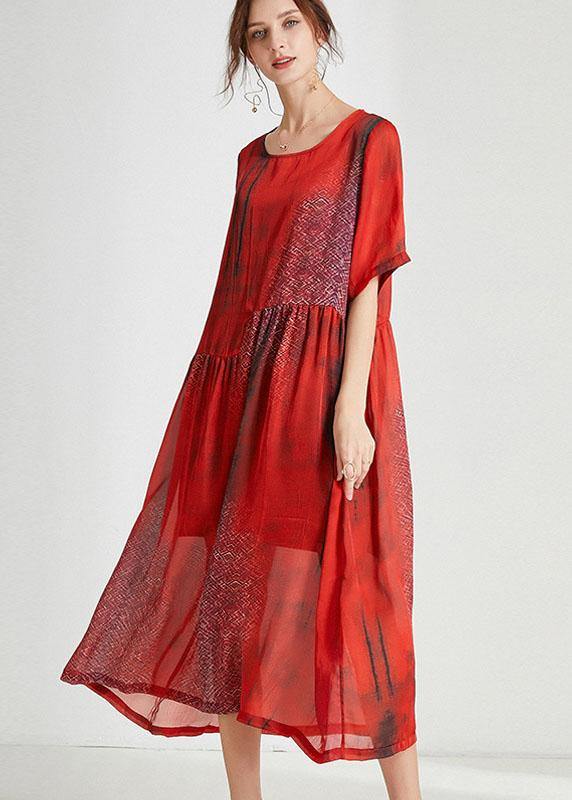Orange Red Print Loose Half Sleeve Summer Dress - Image 3