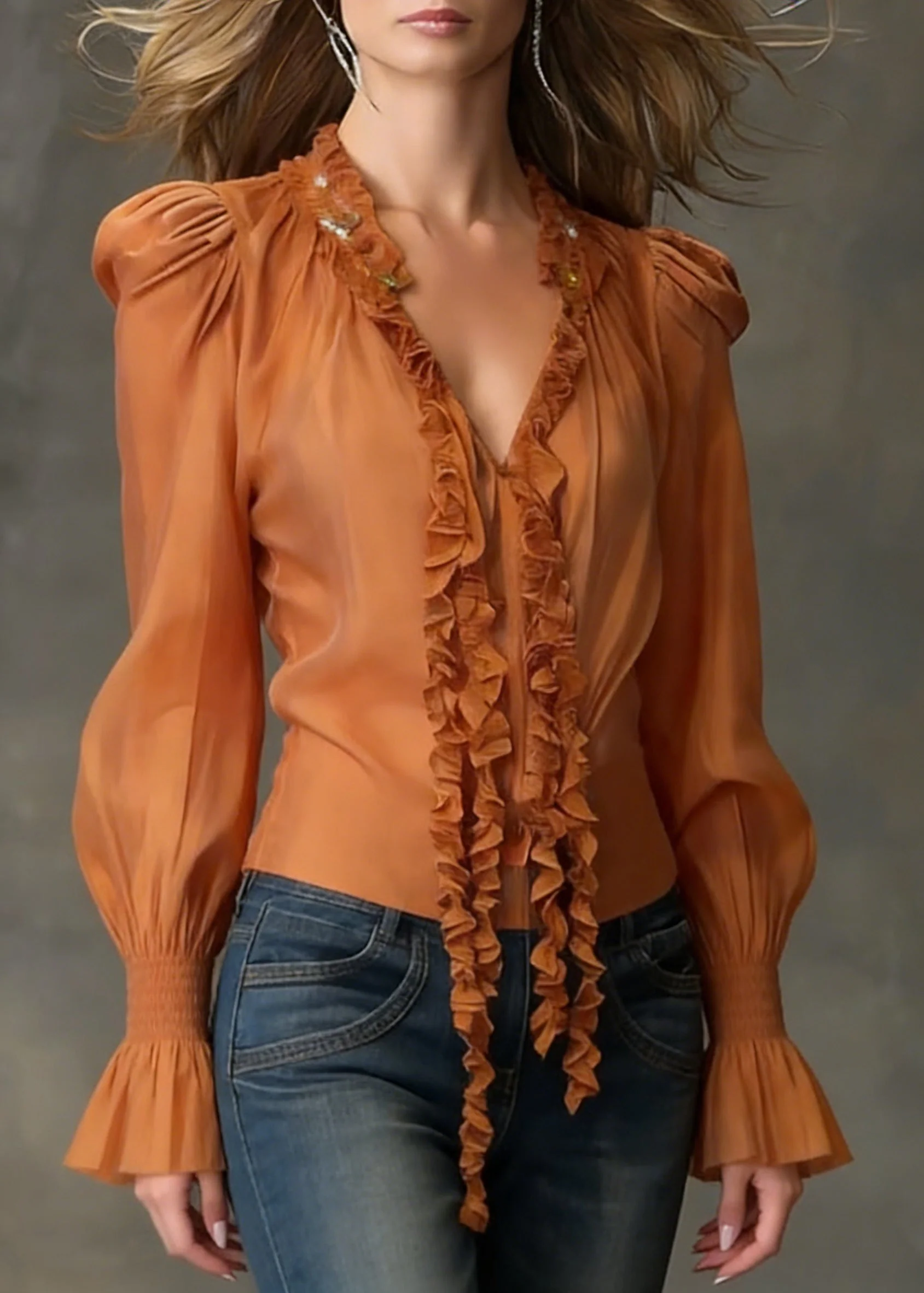 Orange Ruffled Cotton Blouse Tops V Neck Flare Sleeve - Image 3