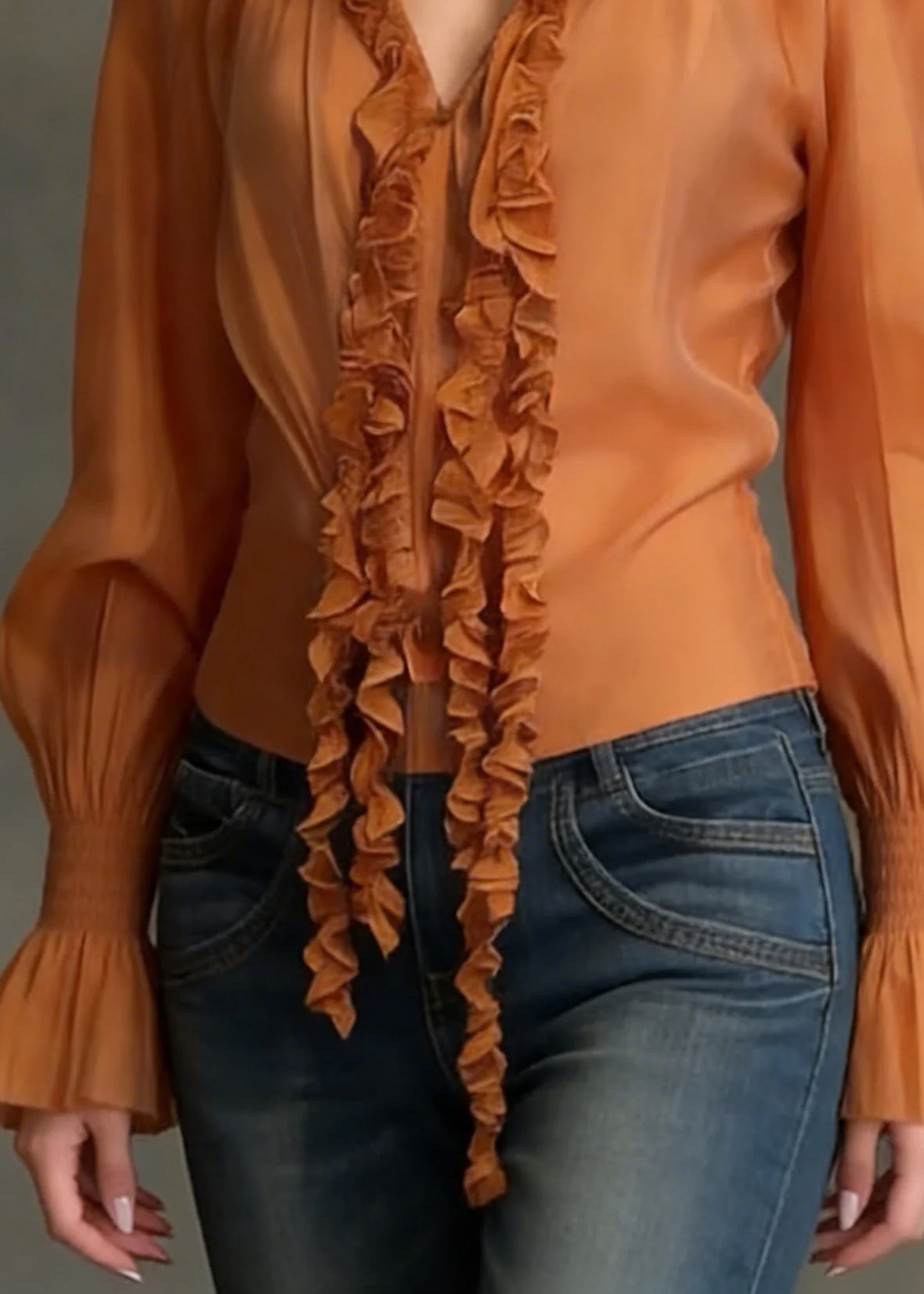 Orange Ruffled Cotton Blouse Tops V Neck Flare Sleeve - Image 4