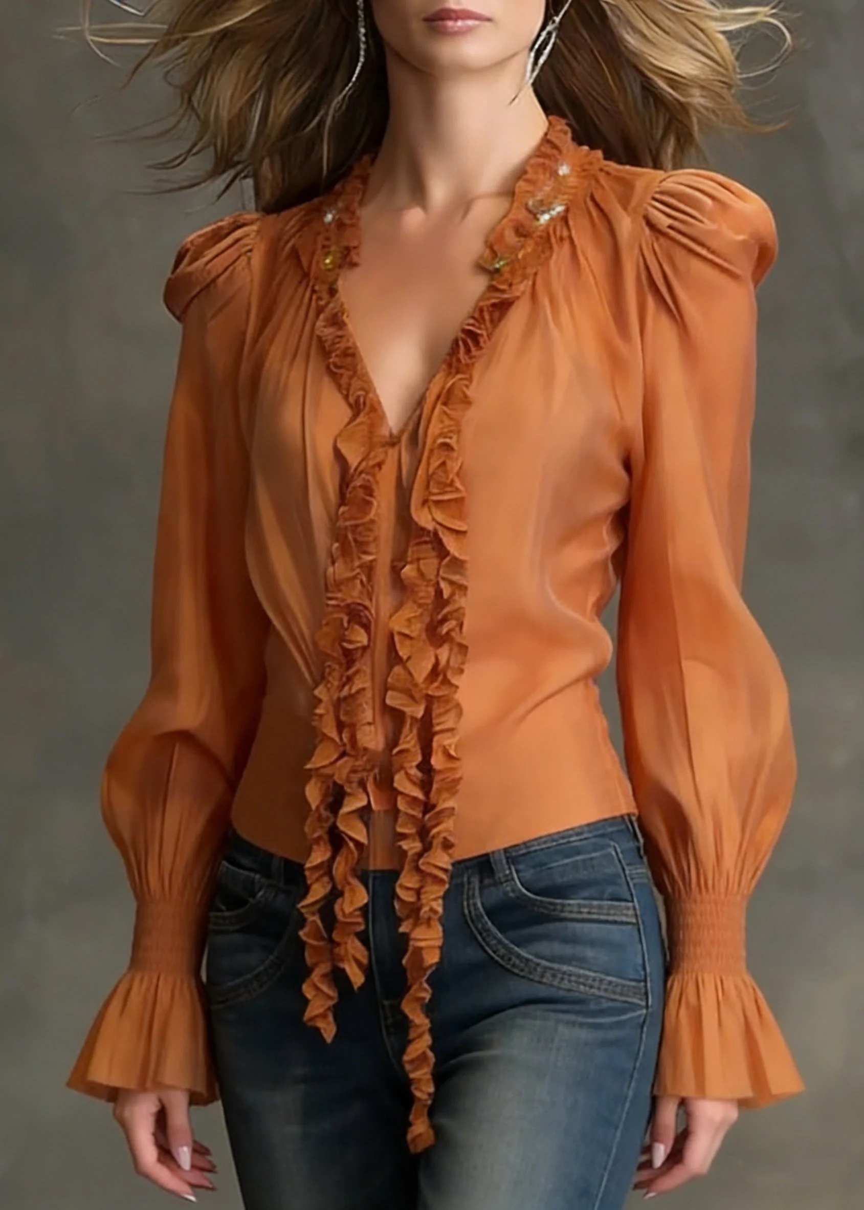 Orange Ruffled Cotton Blouse Tops V Neck Flare Sleeve - Image 5
