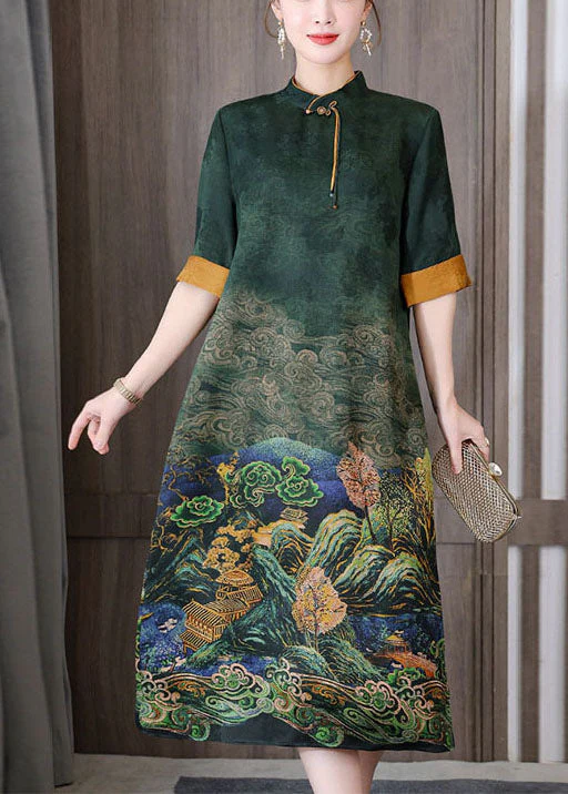 Orange Silk Long Dress Mandarin Collar Zippered Short Sleeve - Image 2