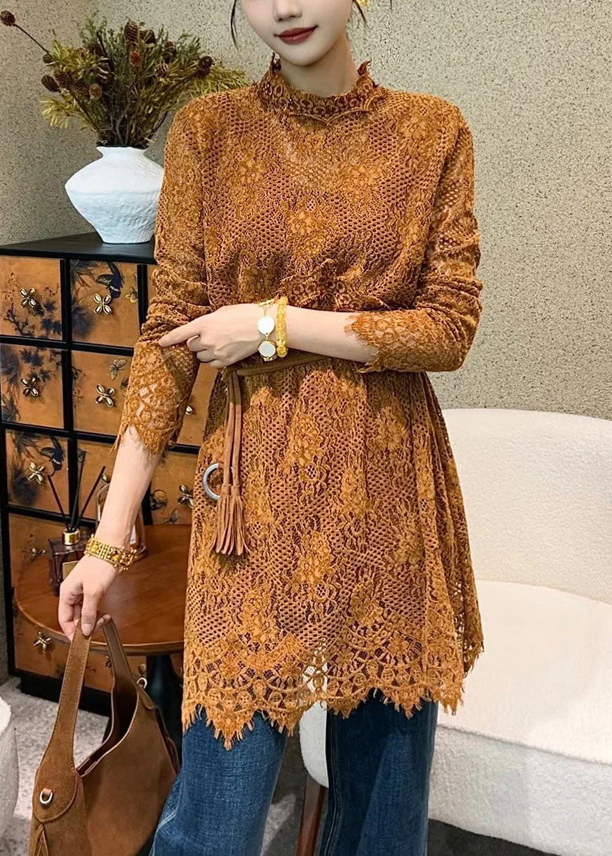 Orange Solid Tie Waist Lace Mini Dresses Hollow Out - Image 2