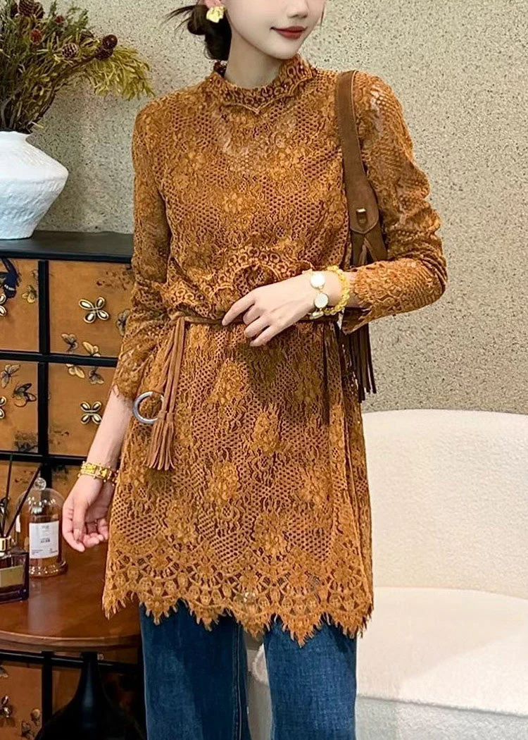 Orange Solid Tie Waist Lace Mini Dresses Hollow Out - Image 3