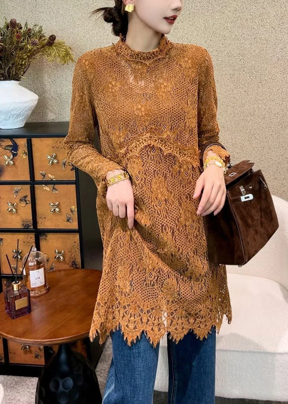 Orange Solid Tie Waist Lace Mini Dresses Hollow Out - Image 4
