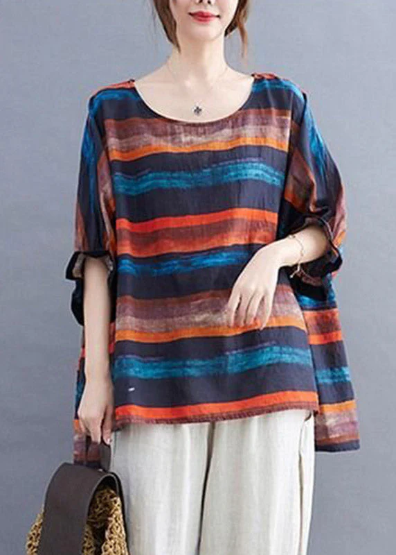 Orange Striped O-Neck T Shirt Batwing Sleeve - Image 2