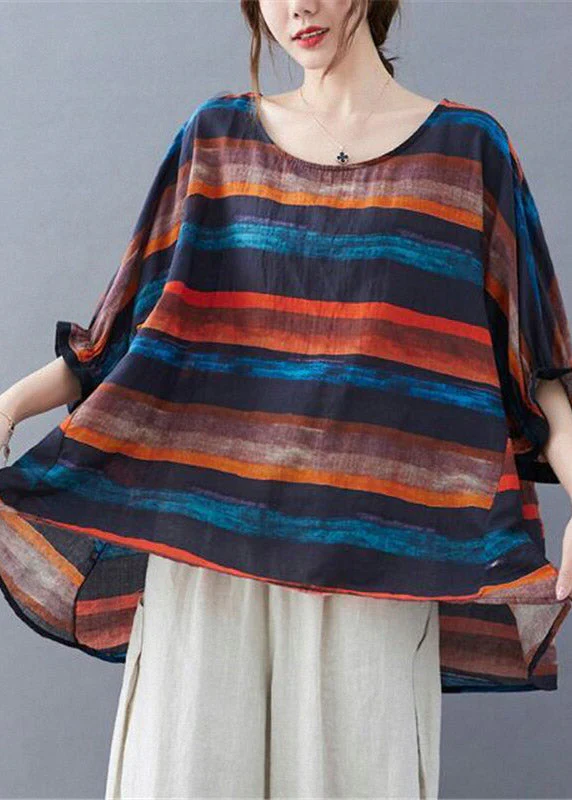 Orange Striped O-Neck T Shirt Batwing Sleeve - Image 3