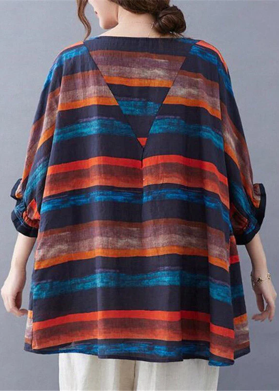 Orange Striped O-Neck T Shirt Batwing Sleeve - Image 4